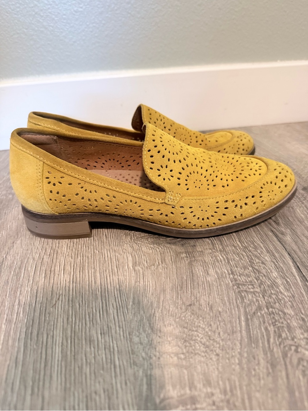 Clarks Mustard Suede Perforated Slip-On Loafers - Picture 5 of 10